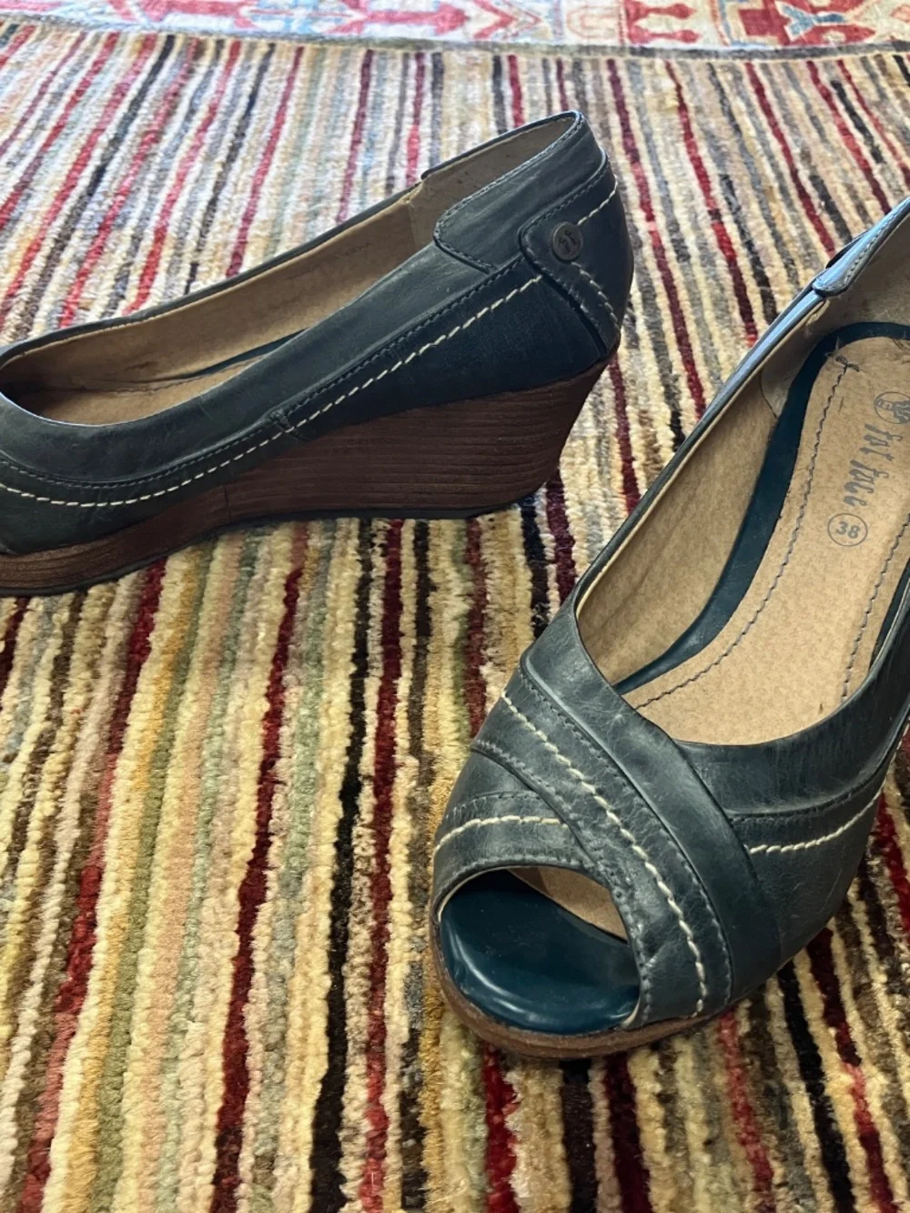 NEW Women's Fat Face USA 7 (UK38) - Open Toe Blue Green Earthy Leather Shoes